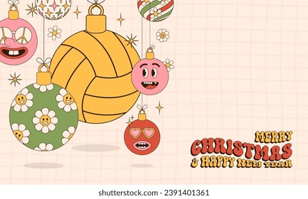 volleyball Merry Christmas and Happy New Year groovy Sports greeting card. Hanging ball as a groovy Christmas ball on vibrant background. Vector illustration..