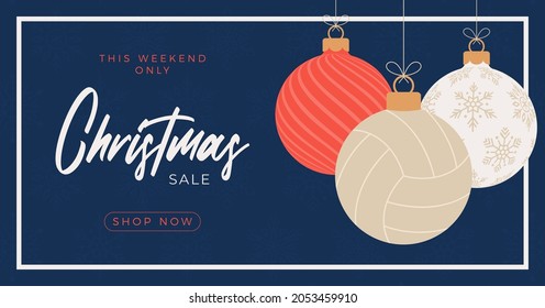 volleyball Merry Christmas sale horizontal banner. Christmas card with sport volleyball ball hang on a thread on background. Flat and cartoon Vector illustration