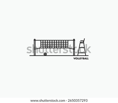 Volleyball minimal logo design. Volleyball net with referee chair and ball simple linear symbol logo icon sign
