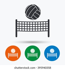 Volleyball net with ball icon. Beach sport symbol. Flat signs in circles. Round buttons for web. Vector