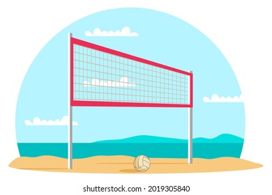 Volleyball net and ball on sand in summer background. Outdoor leisure games and exercise view vector illustration. Active lifestyle on beach with sand near sea or ocean with sky.