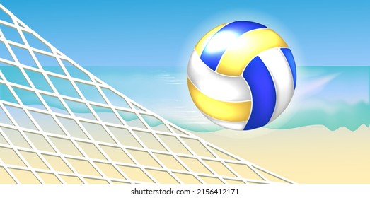 Volleyball net and ball on sand in summer background.
