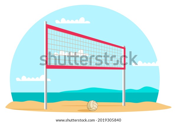 Volleyball net and\
ball on sand in summer background. Outdoor leisure games and\
exercise view vector illustration. Active lifestyle on beach with\
sand near sea or ocean with\
sky.