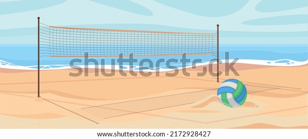 Volleyball net and ball on sand\
in summer background. Active lifestyle on beach with sand near sea\
or ocean with sky. Beach volleyball court with an ocean\
background.