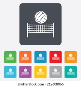 Volleyball net with ball sign icon. Beach sport symbol. Rounded squares 11 buttons. Vector