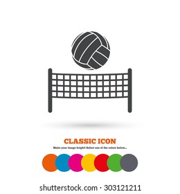 Volleyball net with ball sign icon. Beach sport symbol. Classic flat icon. Colored circles. Vector