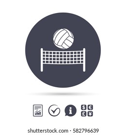 Volleyball net with ball sign icon. Beach sport symbol. Report document, information and check tick icons. Currency exchange. Vector