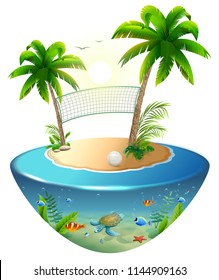 Volleyball net between palms and ball on tropical island. Isolated on white vector cartoon illustration