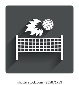 Volleyball net with fireball sign icon. Beach sport symbol. Gray flat square button with shadow. Modern UI website navigation. Vector