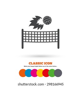 Volleyball net with fireball sign icon. Beach sport symbol. Classic flat icon. Colored circles. Vector