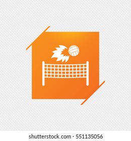 Volleyball net with fireball sign icon. Beach sport symbol. Orange square label on pattern. Vector