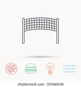 Volleyball net icon. Beach sport game sign. Global connect network, ocean wave and burger icons. Lightbulb lamp symbol.