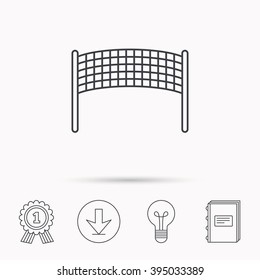 Volleyball net icon. Beach sport game sign. Download arrow, lamp, learn book and award medal icons.