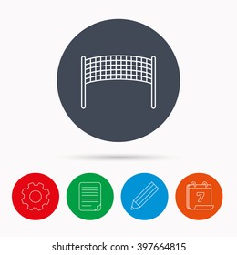 Volleyball net icon. Beach sport game sign. Calendar, cogwheel, document file and pencil icons.