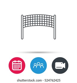 Volleyball net icon. Beach sport game sign. Group of people, video cam and calendar icons. Vector