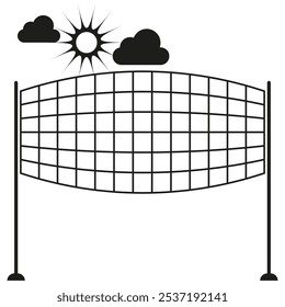 Icono de la red de voleibol. Símbolo de sol y nubes. Campo deportivo con red. Icono de juego de Vector.