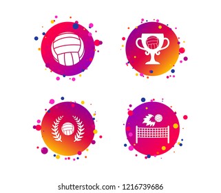 Volleyball and net icons. Winner award cup and laurel wreath symbols. Beach sport symbol. Gradient circle buttons with icons. Random dots design. Vector