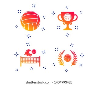 Volleyball and net icons. Winner award cup and laurel wreath symbols. Beach sport symbol. Random dynamic shapes. Gradient volleyball icon. Vector