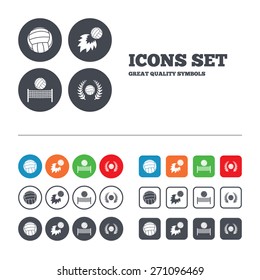 Volleyball and net icons. Winner award laurel wreath symbols. Fireball and beach sport symbol. Web buttons set. Circles and squares templates. Vector