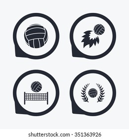 Volleyball and net icons. Winner award laurel wreath symbols. Fireball and beach sport symbol. Flat icon pointers.