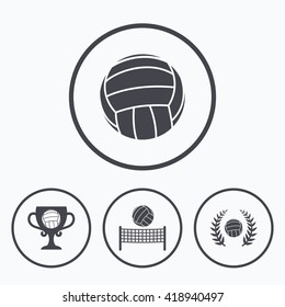 Volleyball and net icons. Winner award cup and laurel wreath symbols. Beach sport symbol. Icons in circles.