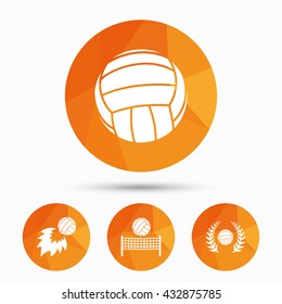 Volleyball and net icons. Winner award laurel wreath symbols. Fireball and beach sport symbol. Triangular low poly buttons with shadow. Vector