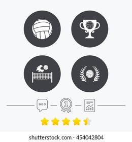 Volleyball and net icons. Winner award cup and laurel wreath symbols. Beach sport symbol. Chat, award medal and report linear icons. Star vote ranking. Vector