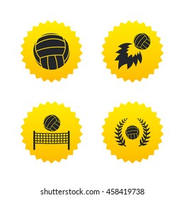 Volleyball and net icons. Winner award laurel wreath symbols. Fireball and beach sport symbol. Yellow stars labels with flat icons. Vector