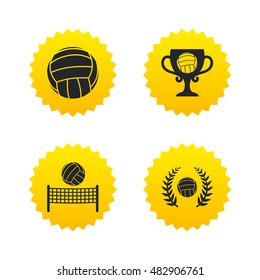 Volleyball and net icons. Winner award cup and laurel wreath symbols. Beach sport symbol. Yellow stars labels with flat icons. Vector