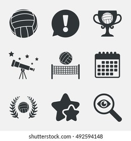 Volleyball and net icons. Winner award cup and laurel wreath symbols. Beach sport symbol. Attention, investigate and stars icons. Telescope and calendar signs. Vector