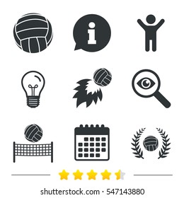 Volleyball and net icons. Winner award laurel wreath symbols. Fireball and beach sport symbol. Information, light bulb and calendar icons. Investigate magnifier. Vector