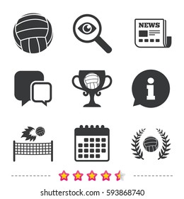 Volleyball and net icons. Winner award cup and laurel wreath symbols. Beach sport symbol. Newspaper, information and calendar icons. Investigate magnifier, chat symbol. Vector