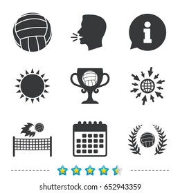 Volleyball and net icons. Winner award cup and laurel wreath symbols. Beach sport symbol. Information, go to web and calendar icons. Sun and loud speak symbol. Vector