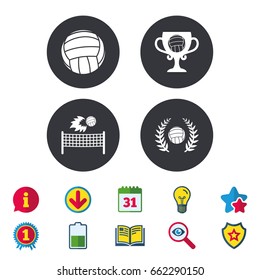 Volleyball and net icons. Winner award cup and laurel wreath symbols. Beach sport symbol. Calendar, Information and Download signs. Stars, Award and Book icons. Light bulb, Shield and Search. Vector