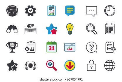 Volleyball and net icons. Winner award cup and laurel wreath symbols. Beach sport symbol. Chat, Report and Calendar signs. Stars, Statistics and Download icons. Question, Clock and Globe. Vector