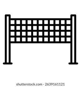 The volleyball net is made of rope squares and has two stands on the side, and it's used for playing volleyball.