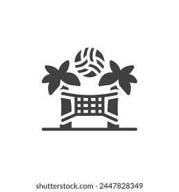 Volleyball with net and palm trees vector icon. filled flat sign for mobile concept and web design. Beach Volleyball glyph icon. Symbol, logo illustration. Vector graphics
