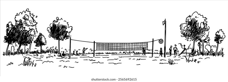 volleyball net in park surrounded by trees illustration