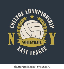 Volleyball New York print for apparel with ball, laurel wreath, ribbon and star. Typography emblem for t-shirt. Design for athletic clothes. Vector illustration.