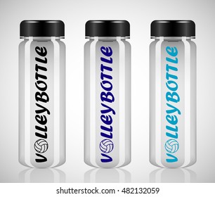 Volleyball  plastic bottles with black cap isolated on grey background. Plastic bottles on realistic style. Volleyball accessories.