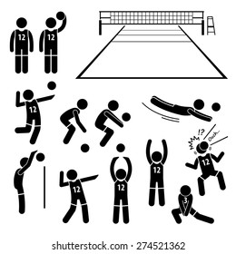 Volleyball Player Actions Poses Postures Stick Figure Pictogram Icons