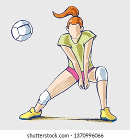 Volleyball player athlete, hand drawing. 
Illustration of a female volleyball player returning a ball. Sport vector icon. Flat style vector clip art.
