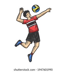 Volleyball player with ball color sketch engraving vector illustration. T-shirt apparel print design. Scratch board imitation. Black and white hand drawn image.