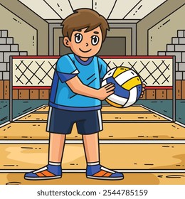 Volleyball Player with Ball Colored Cartoon