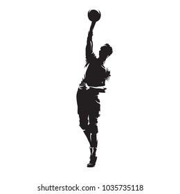Volleyball player with ball, isolated vector silhouette. Front view