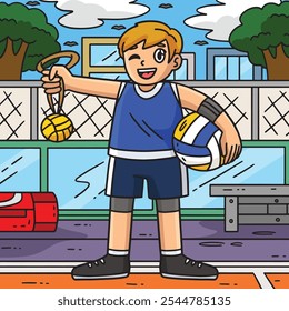 Volleyball Player with Ball and Medal Colored 