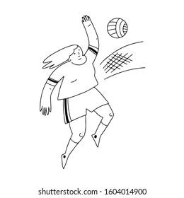 Volleyball player with ball and net hand drawn illustration. Female athletes doodle drawing. Active lifestyle concept. T shirt print, textile design, flyer