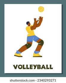 Volleyball player black man hits the ball. Athlete raised hands up to catch the innings. Athletic sport game professional level, healthy lifestyle. Volleyball championship vector poster in frame