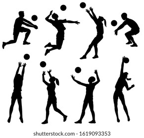 Volleyball player black silhouette set isolated on white background. Ahlete people playing sport game and throwing or catching a ball - flat outline vector illustration.