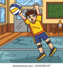 Volleyball Player Blocking Ball Colored Cartoon